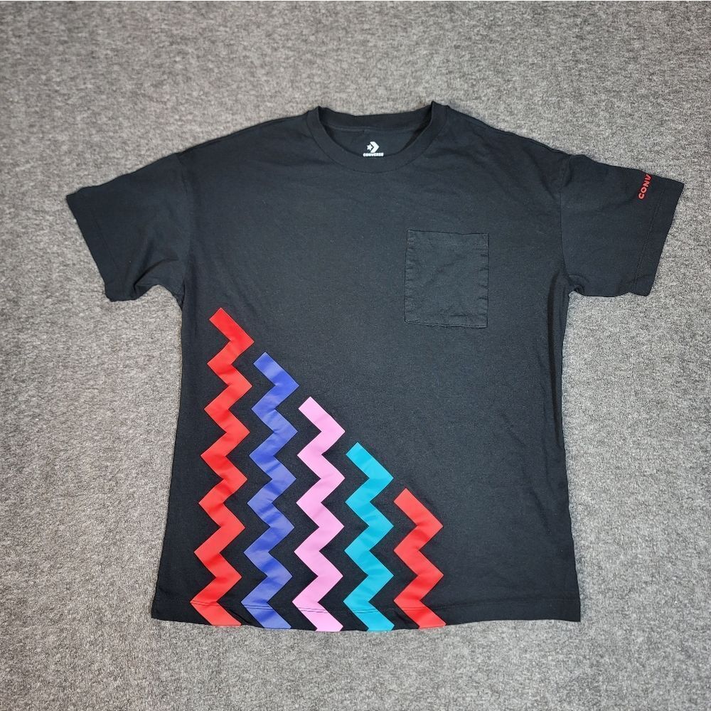 Converse VLGE Oversized Graphic T-Shirt Black Multicolor Chevron Pocket Tee XS